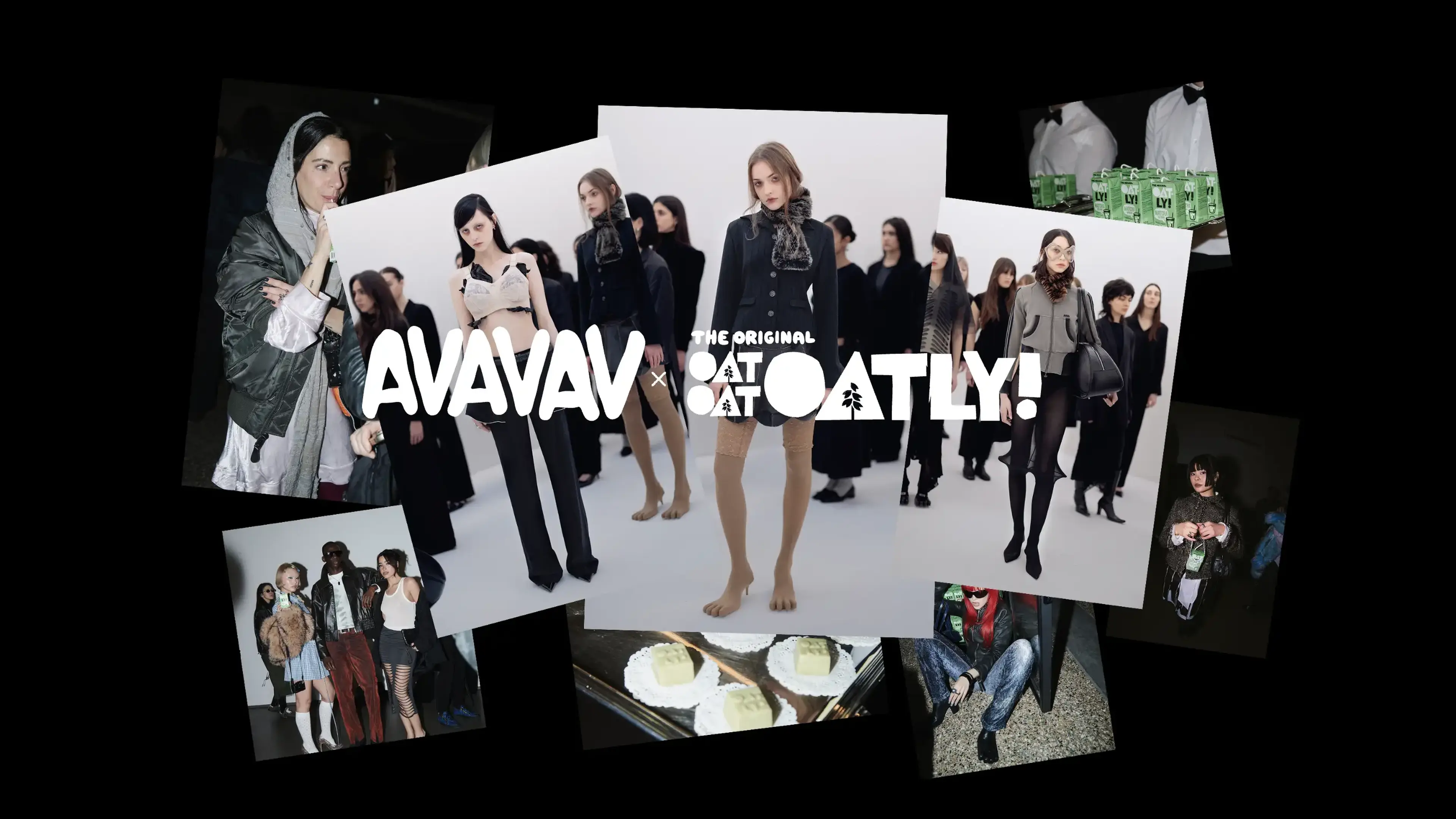 A collage of fashion models in various outfits, with the words "AVAVAV" and "Oatly!" prominently displayed in the center.
