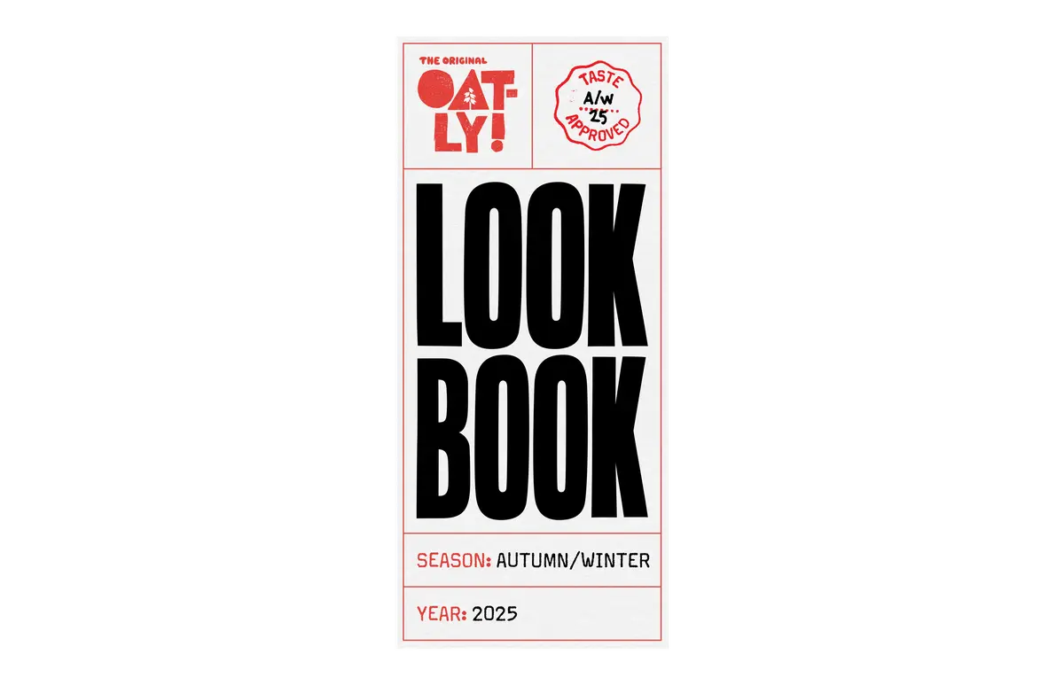 Oatly Look Book cover for Autumn/Winter 2025, featuring bold text and a stamp indicating "Taste AW 25 Approved."