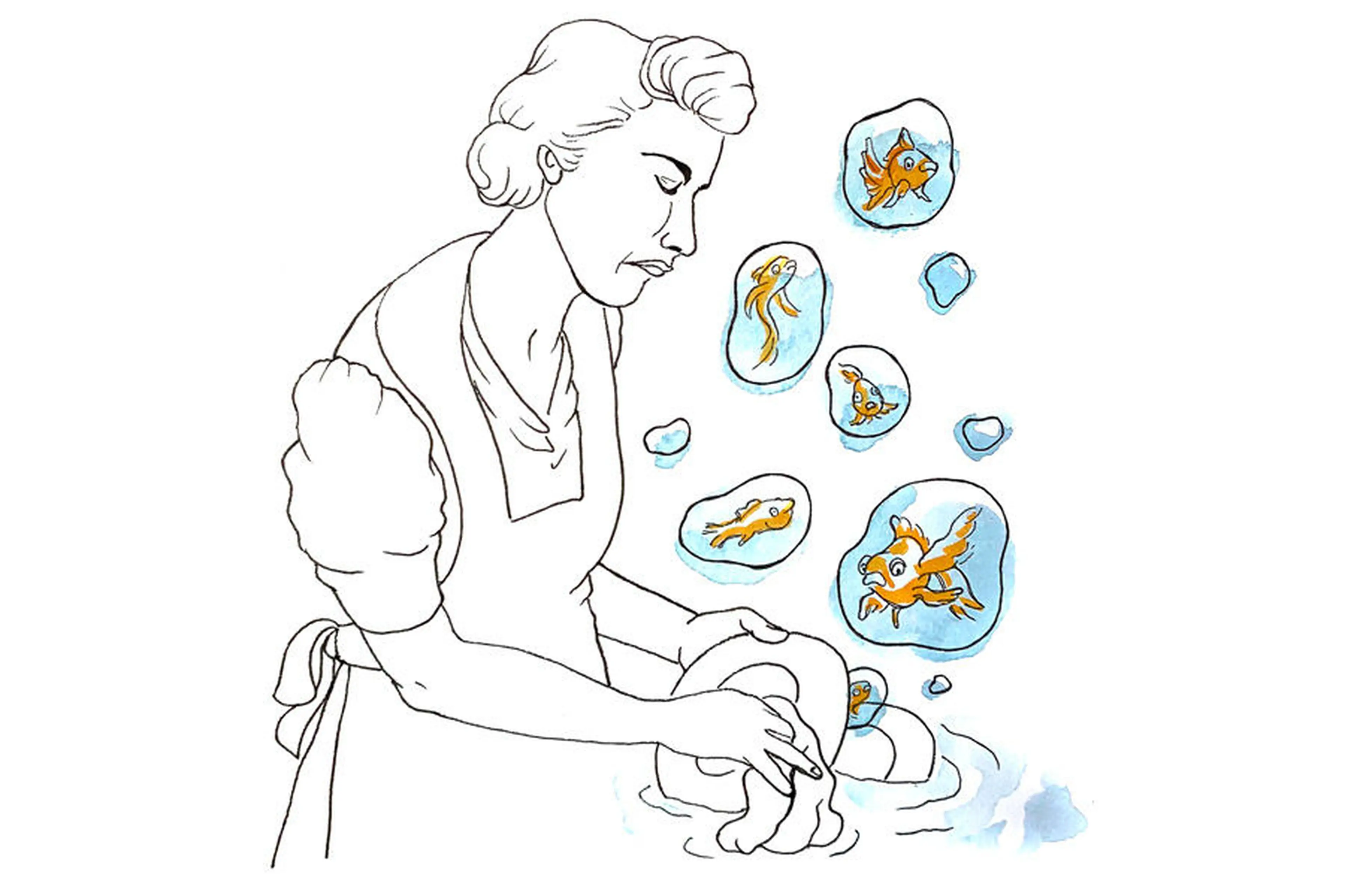 Woman doing dishes and fish swimming in the soap bubbles