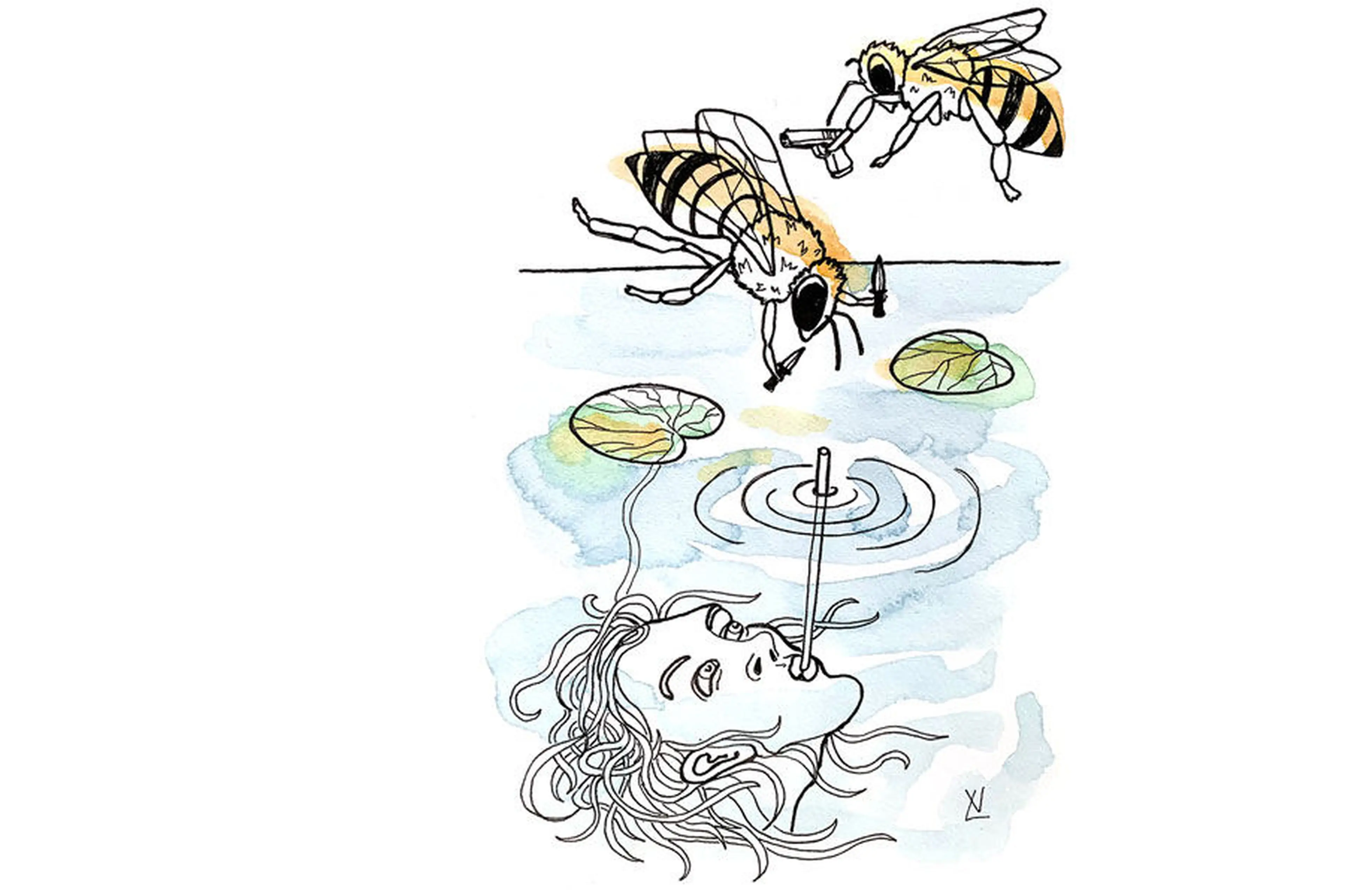 person hiding from bees under water breathing through a straw