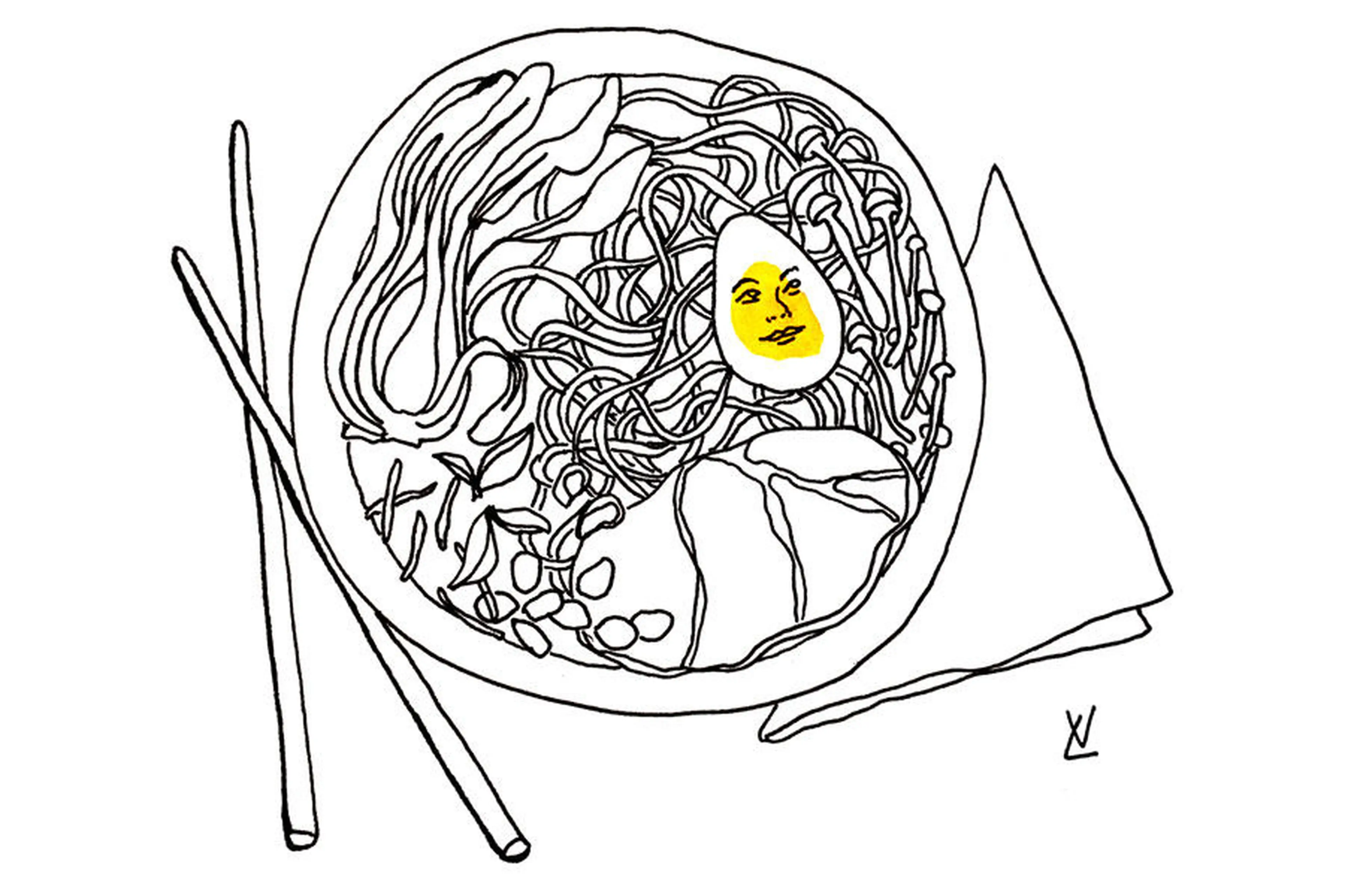 Ramen bowl with an egg with a face