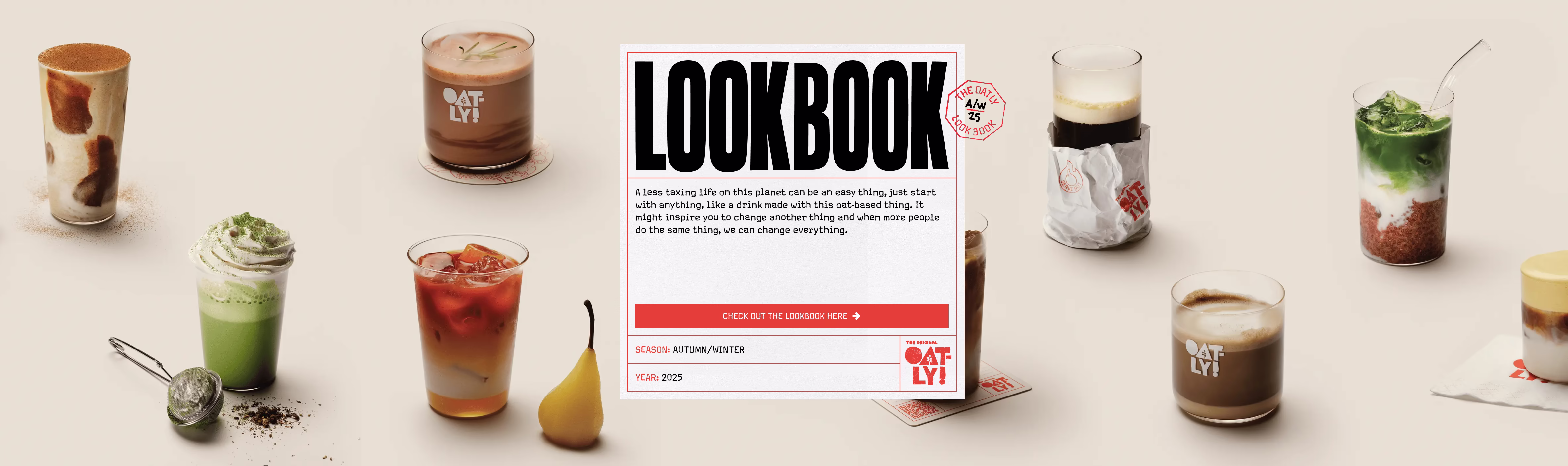 A variety of creative coffee and tea drinks, each uniquely styled, displayed in a row with labels and Oatly branding.