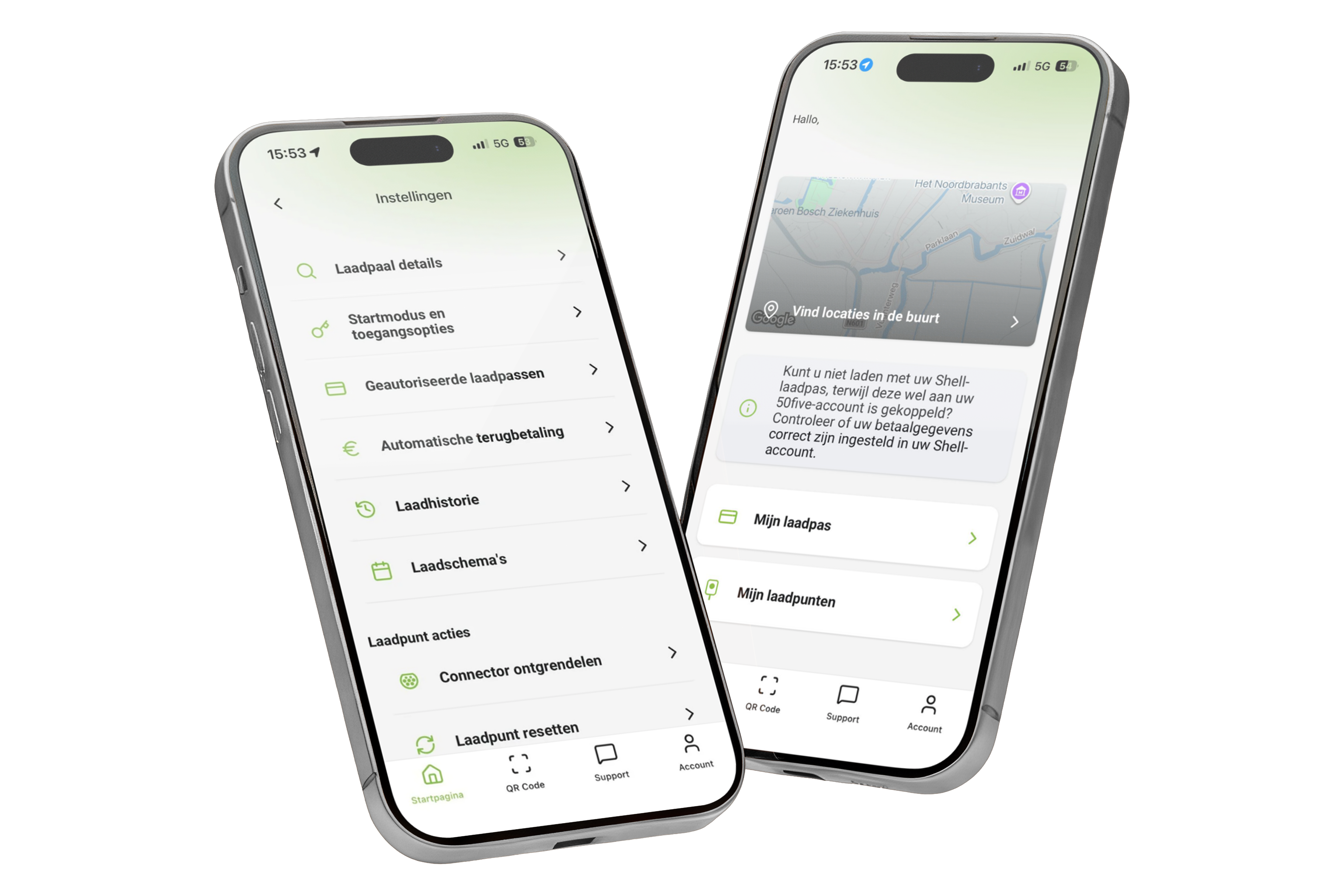 Mock-up twee schuine telefoons home + instellingen