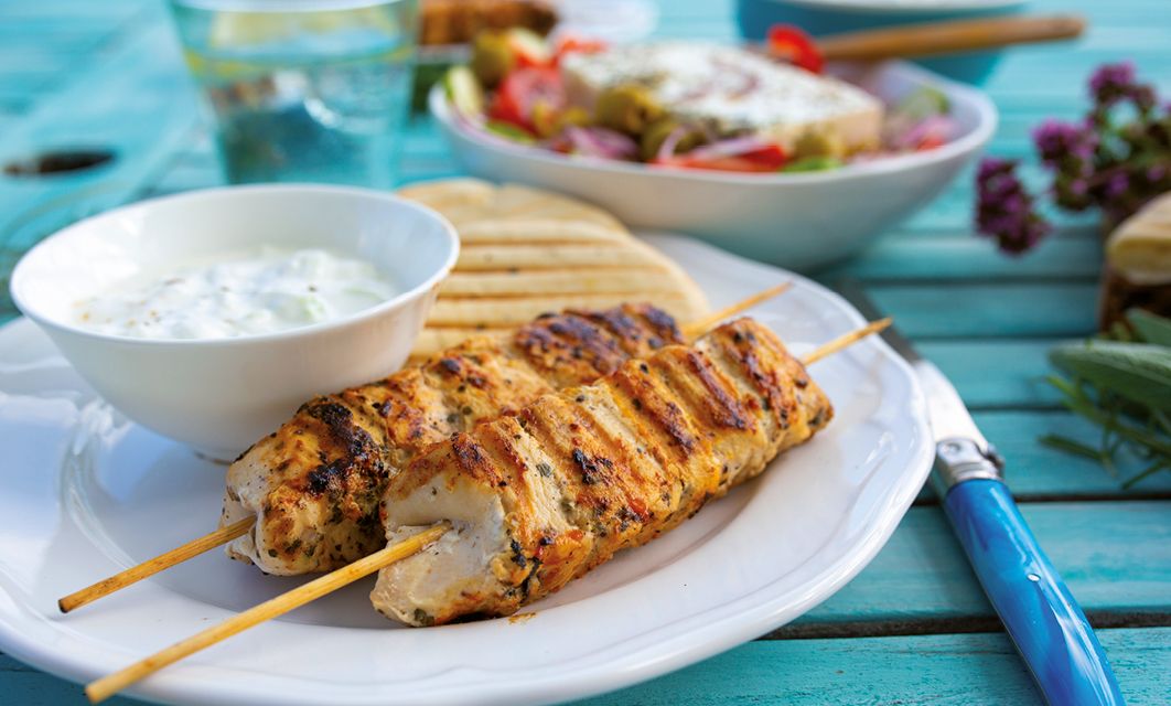 Delicious grilled chicken souvlaki, traditional Greek dish.