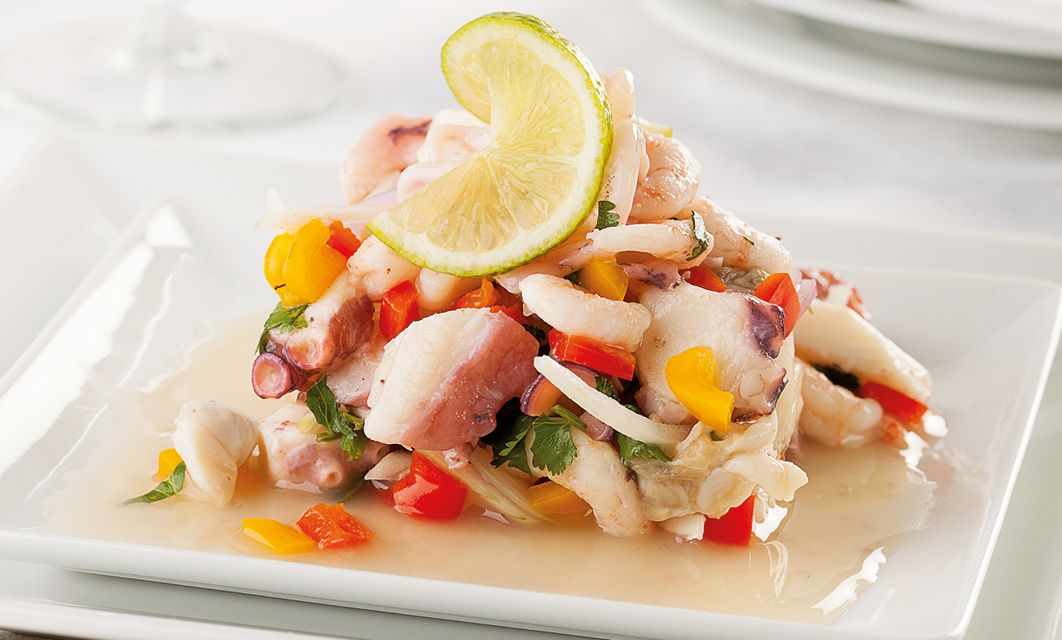 A typical seafood raw fish ceviche from Peru