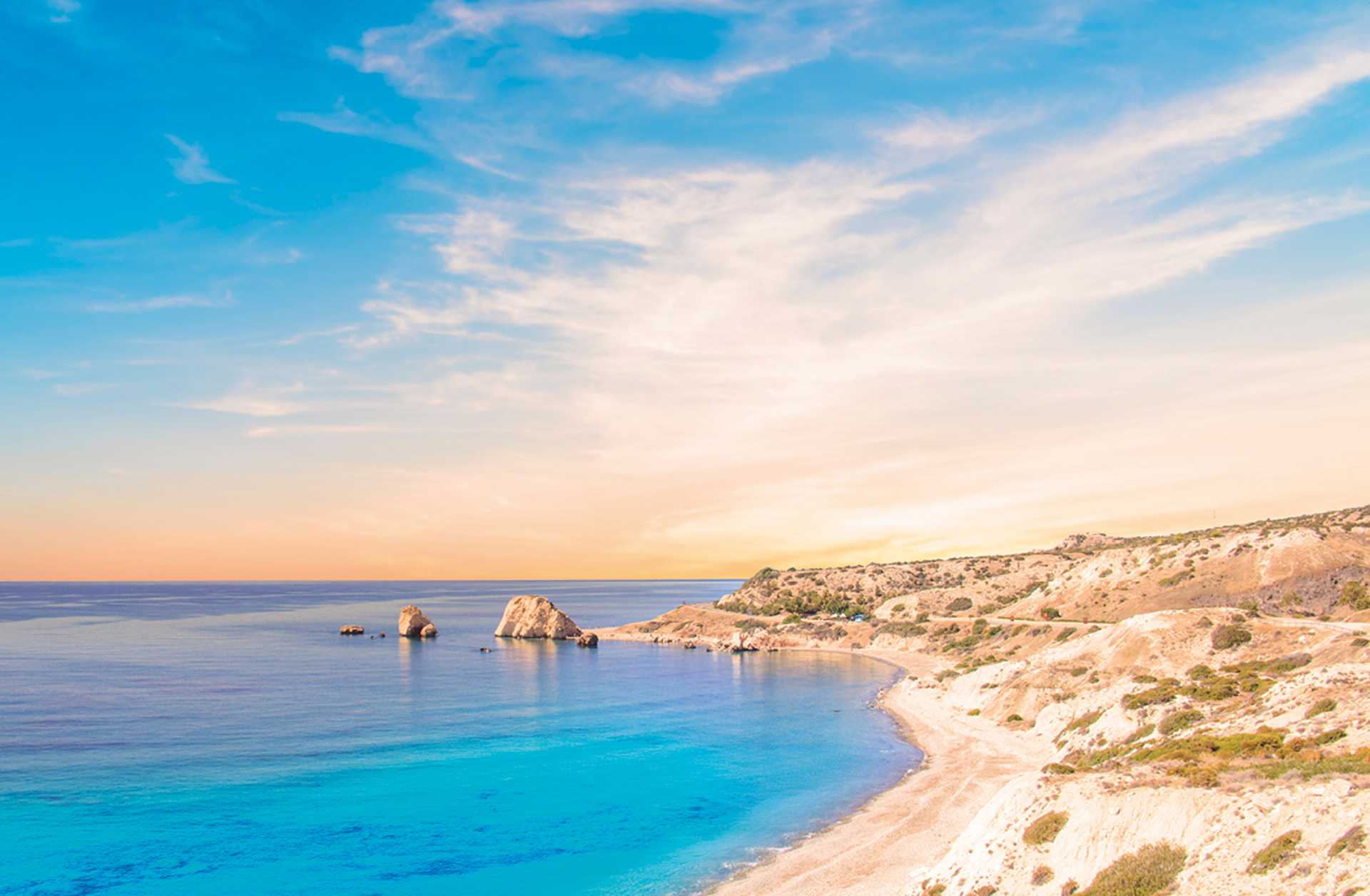 Beautiful view of the birthplace of Aphrodite in Cyprus. Petra tu Romiou, Stone of Aphrodite