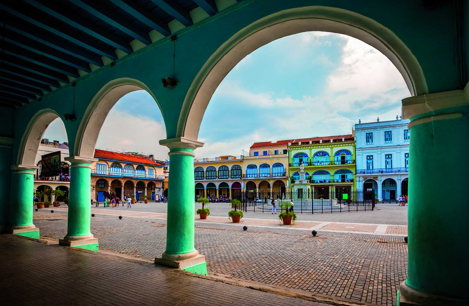 The Old Square or Plaza Vieja from the porch of the Fototeca de Cuba, Old Havana, Cuba.