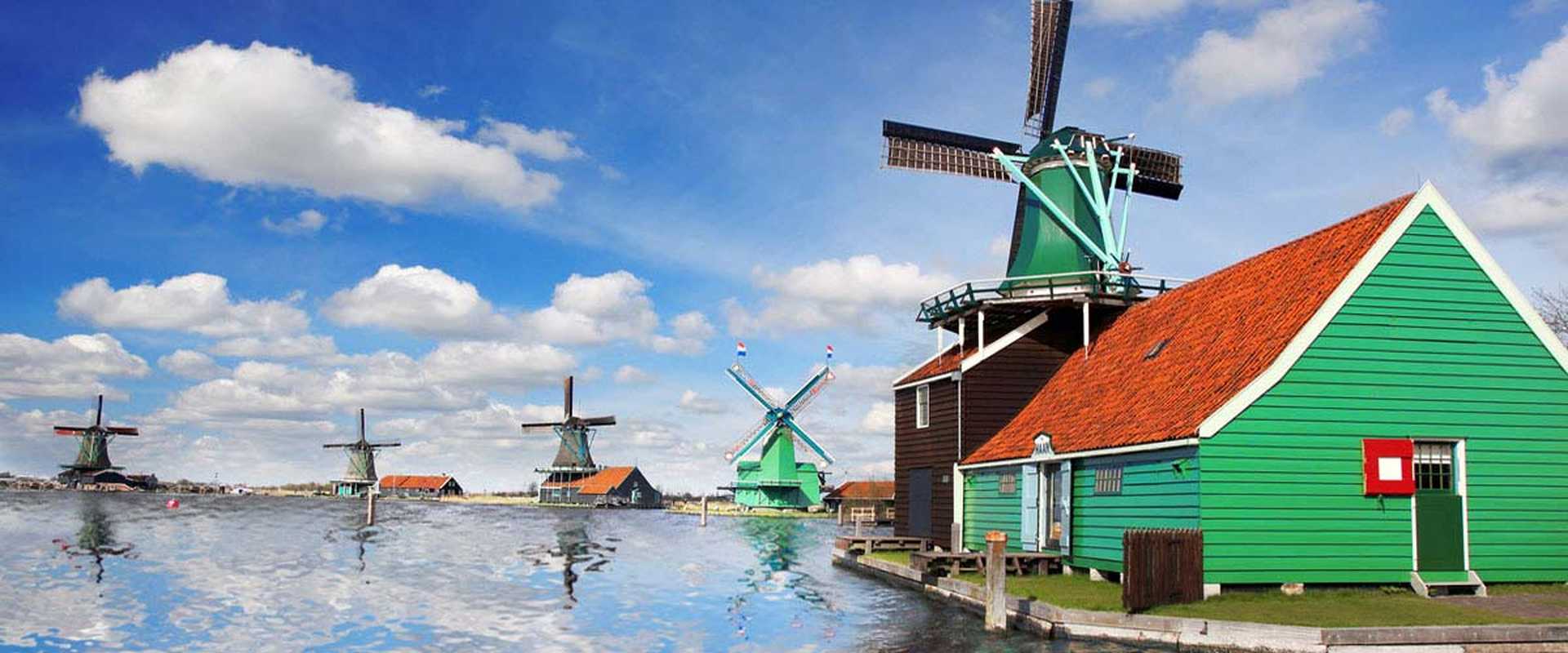 Traditional Dutch windmills with canal close the Amsterdam, Holland