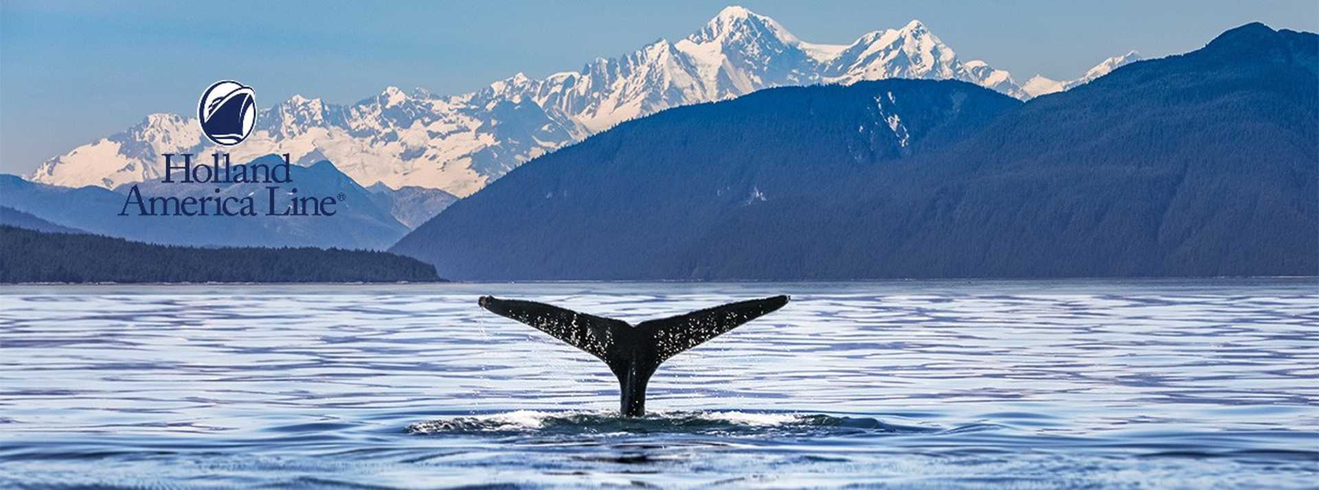A whale fluke with mountains in the background in Alaska