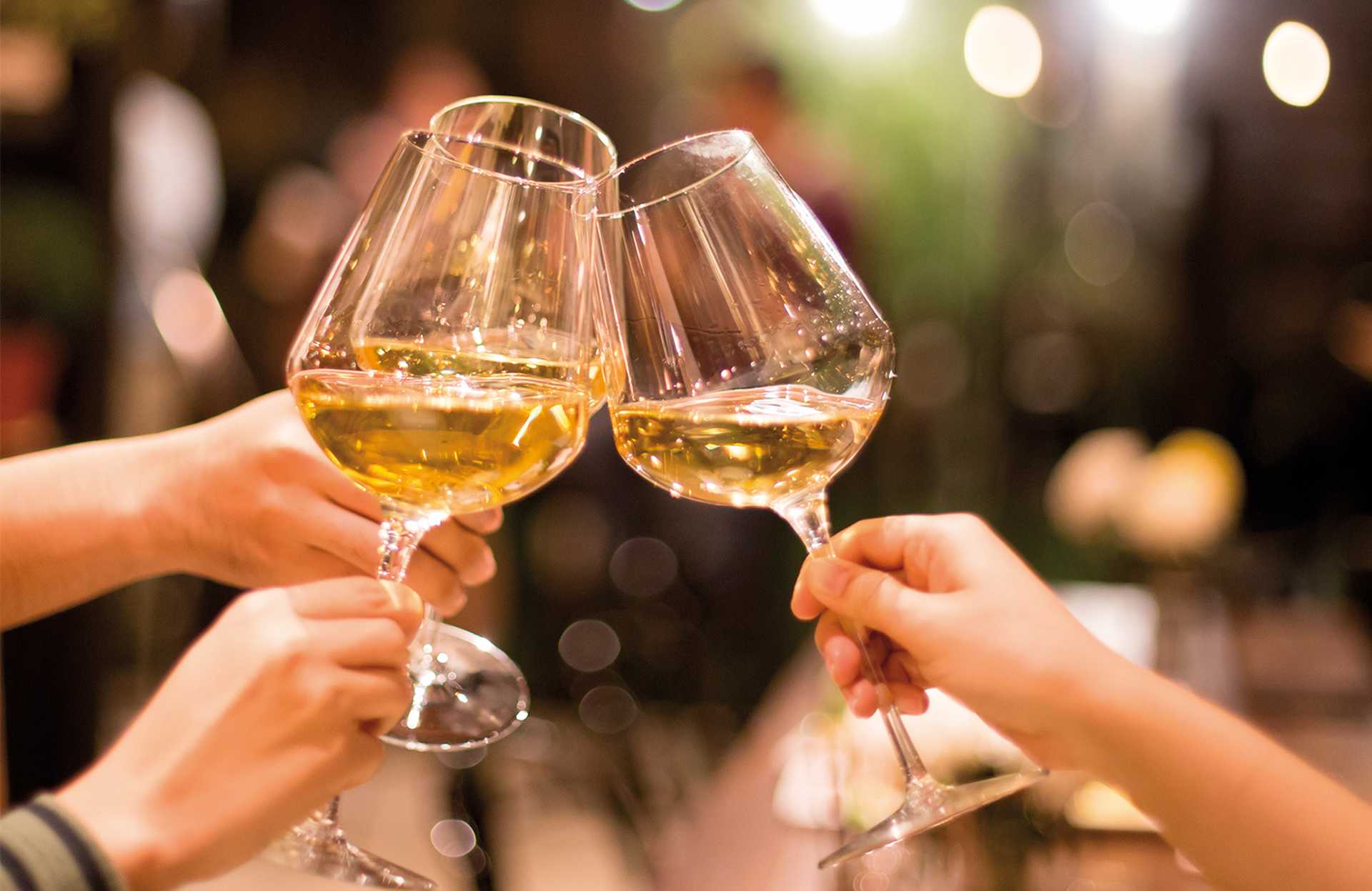 Shot in high iso with low light group of friend toasting with wine for celebration. indoor