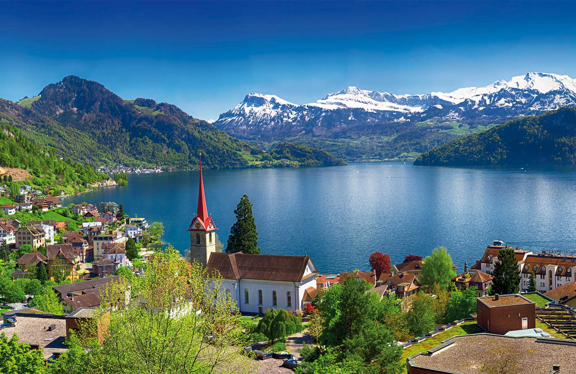Panorama image of village Weggis, lake Lucerne, Switzerland