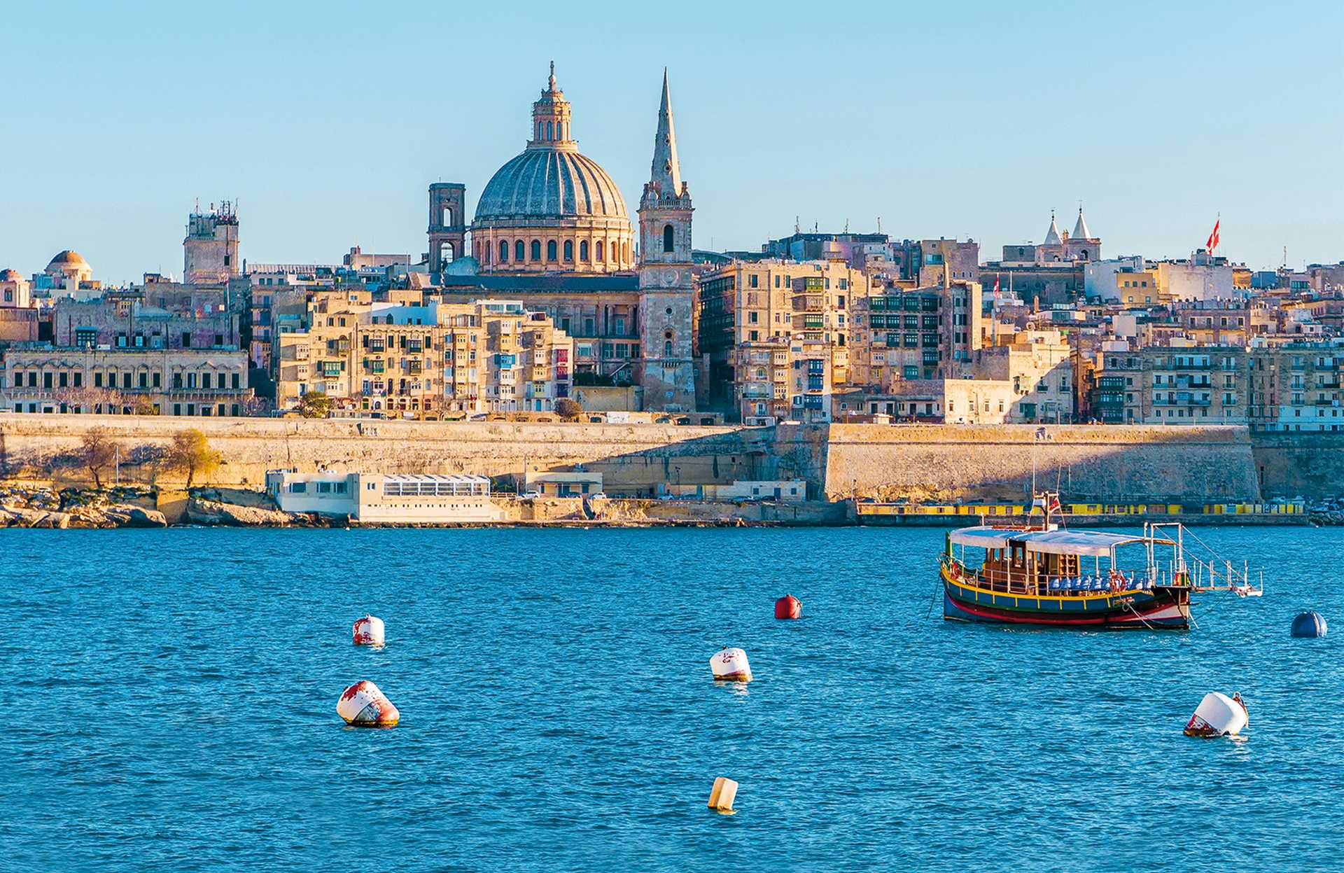 Valletta Malta city Skyline, colorful house balcony Malta Valletta, panoramic view over Valletta Malta old town