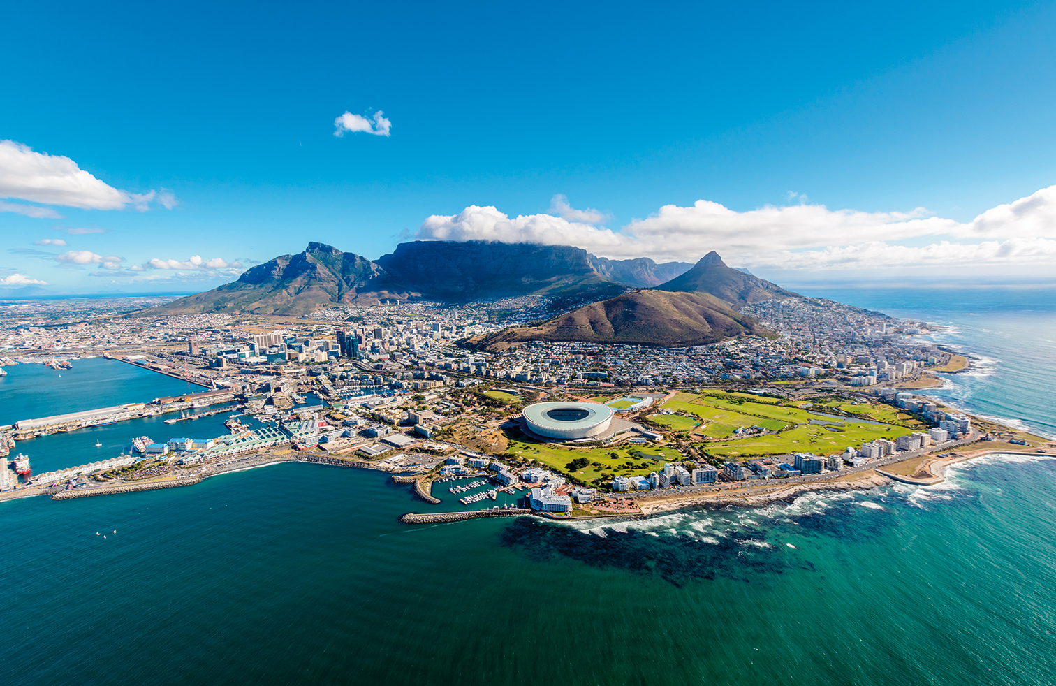 Aerial view of Cape Town, South Africa on a sunny afternoon. Photo taken from a helicopter during air tour of Cape Town