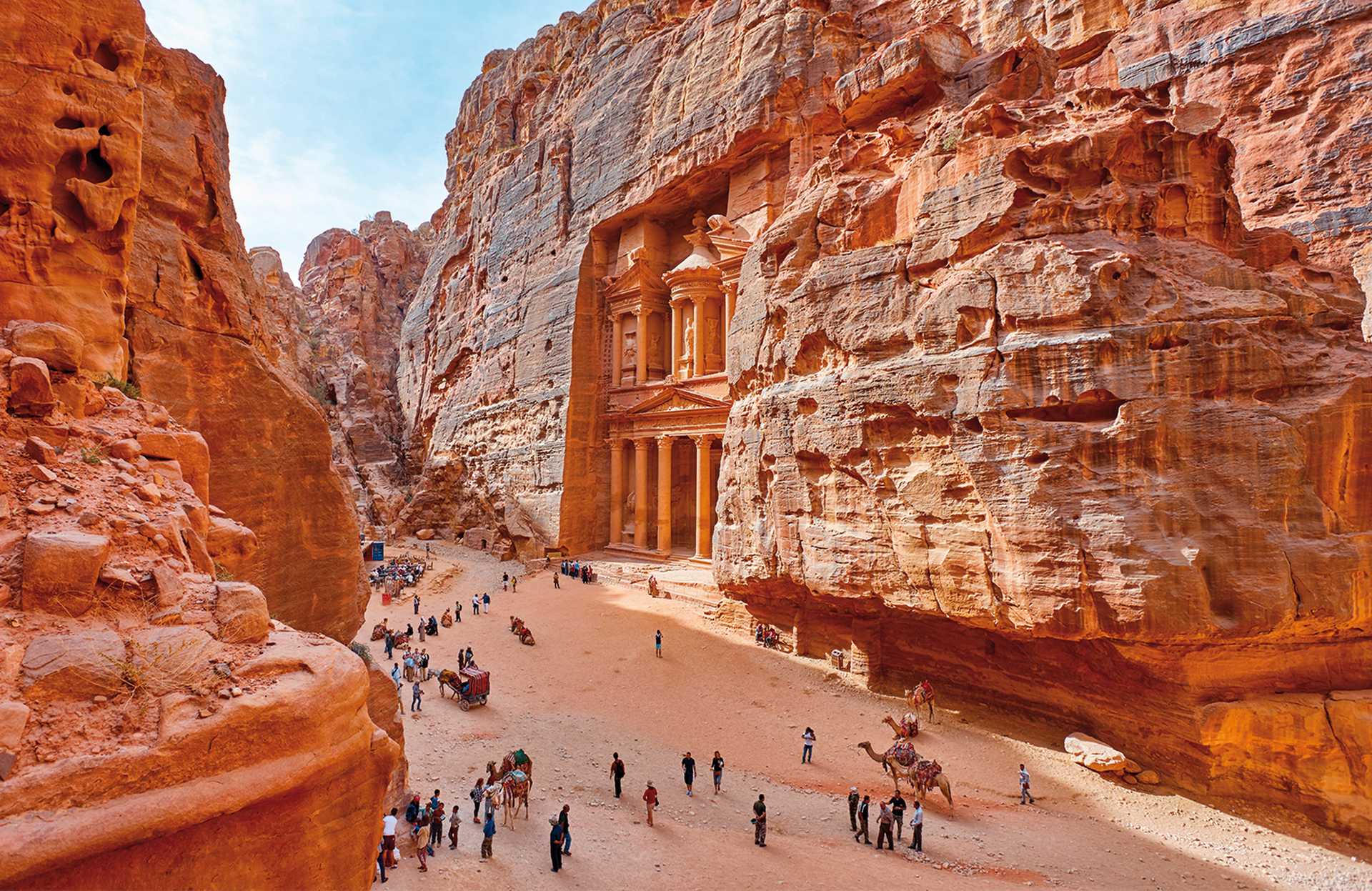 The temple-mausoleum of Al Khazneh in the ancient city of Petra in Jordan