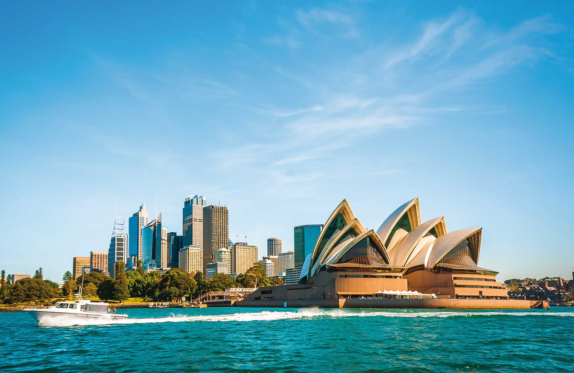 The city skyline of Sydney, Australia. Circular Quay and Opera House. touristic points, travel photo, sunny day