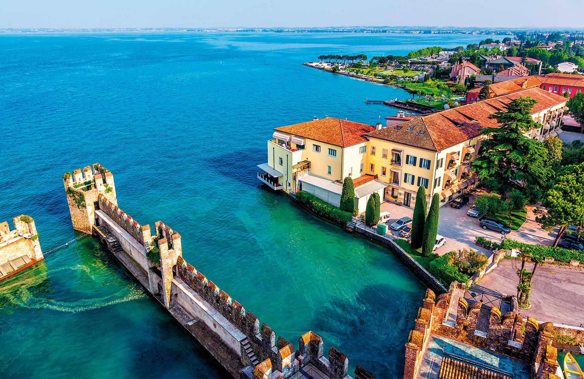 View of the Italian town of Sirmione and Lake Garda from the tower Scaliger