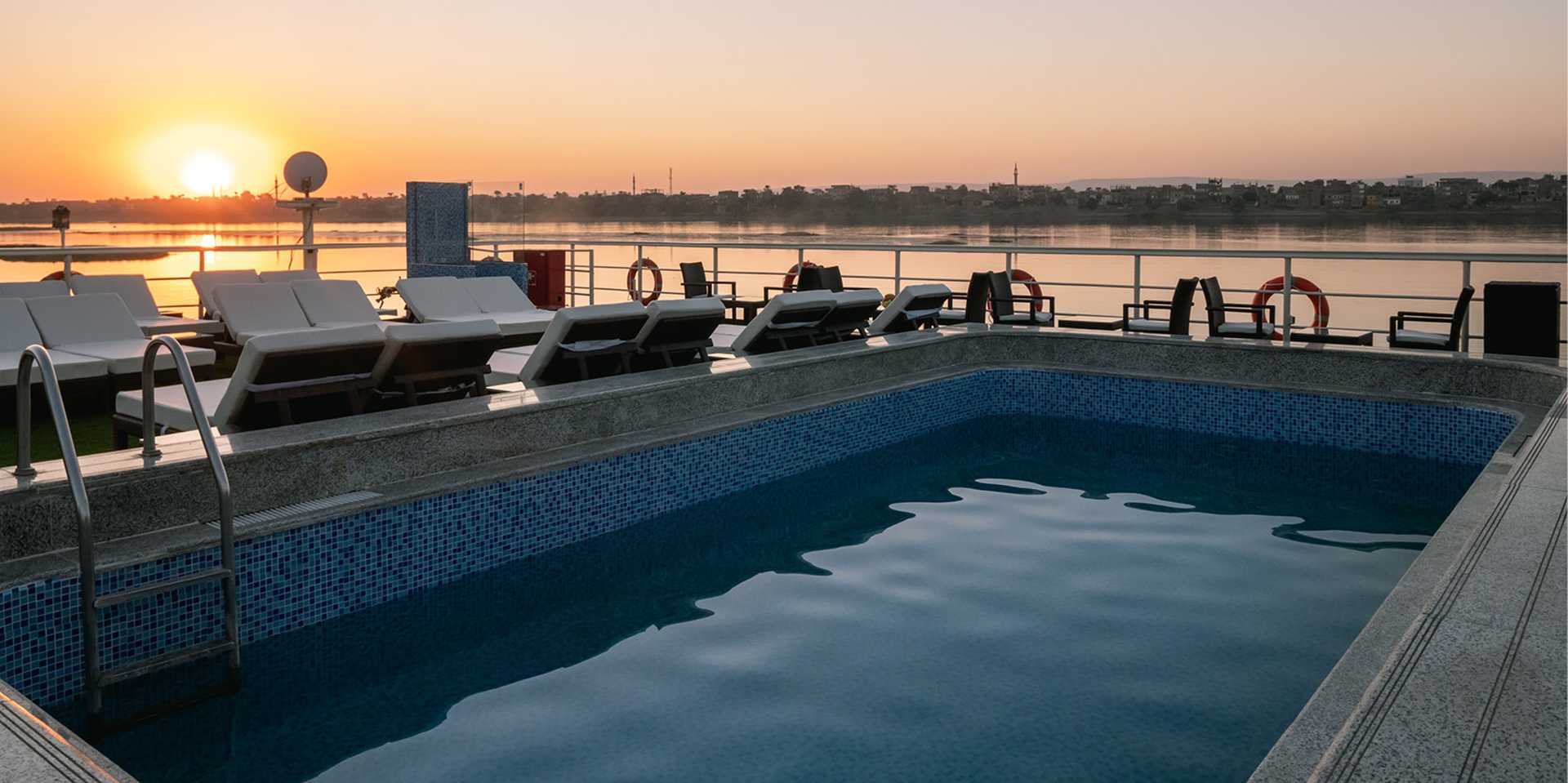 Pool on deck at sunset onboard the MS Nile Plaza 