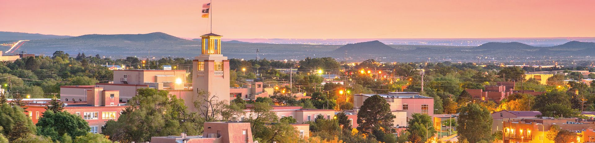 Santa Fe, New Mexico, USA downtown skyline at dusk.