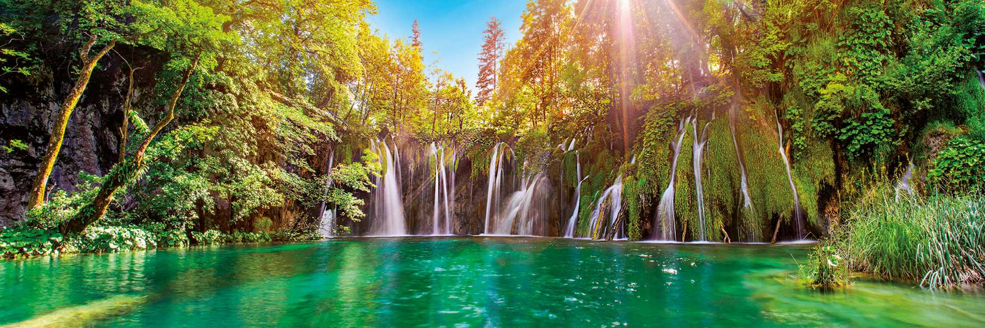 Breathtaking waterfalls panorama in Plitvice Lakes National Park, Croatia, Europe.