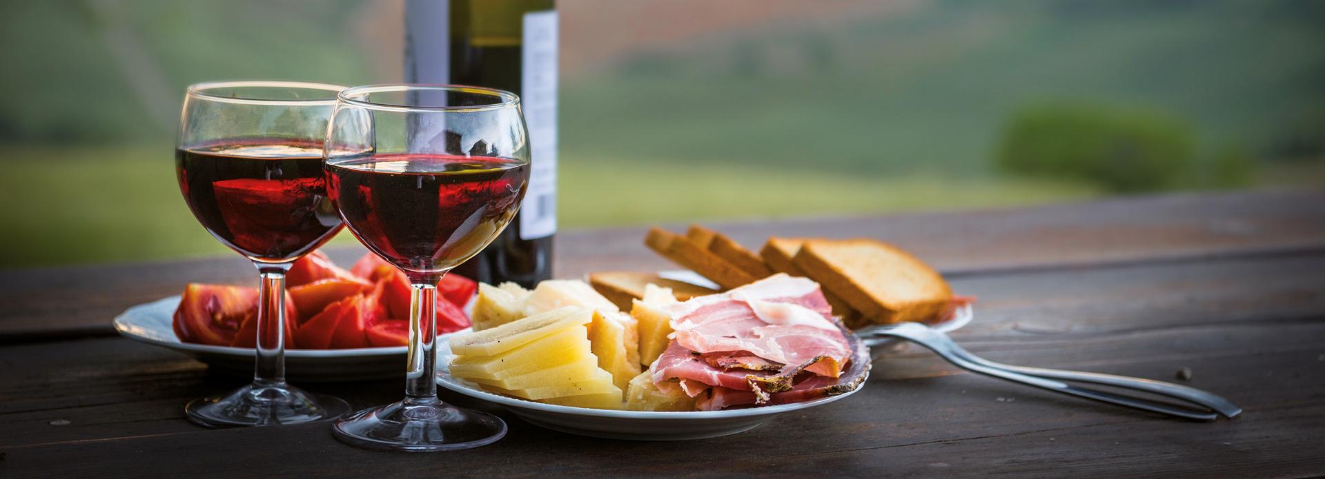 Cheese, prosciutto and red wine