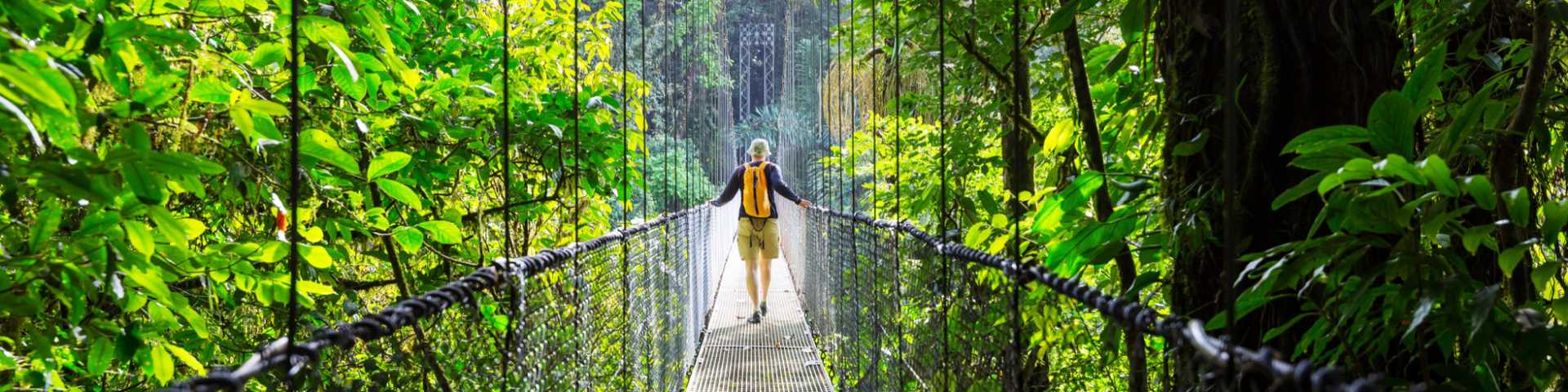 Man walking along bridge in Costa Rica jungle