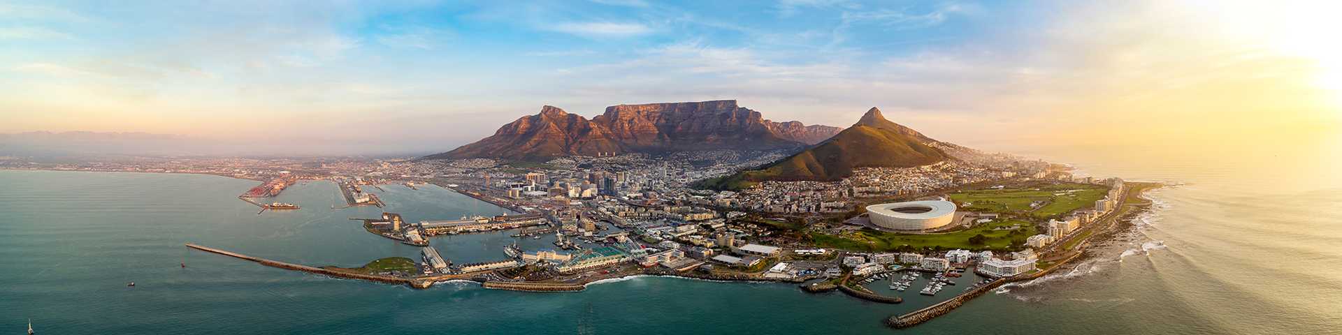 Iconic view of Cape Town, South Africa with Table Mountain and Lion's Head Mountain
