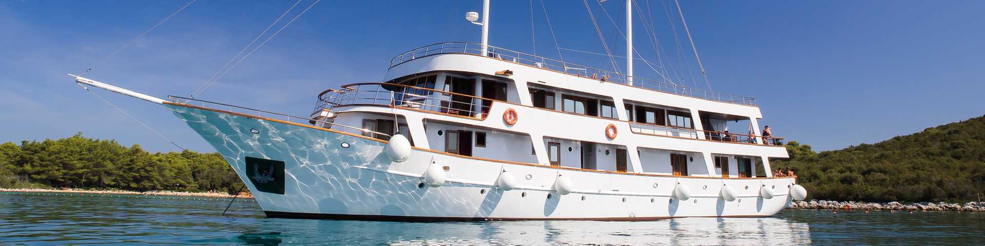 Built in 2011, MV Dalmatia offers a small, friendly cruise experience, with just 32 guests on board at one time. A spacious sun deck is ideal for taking in the scenery and enjoying the balmy Croatian weather. Located on the upper deck, the dining room has a sociable atmosphere. Buffet breakfasts feature hot and cold dishes; lunch and dinner are from a set menu. You’ll also have the option to dine al fresco, weather permitting. All 19 air-conditioned cabins are located on the main and lower decks and have en-suite shower facilities and a window or porthole.