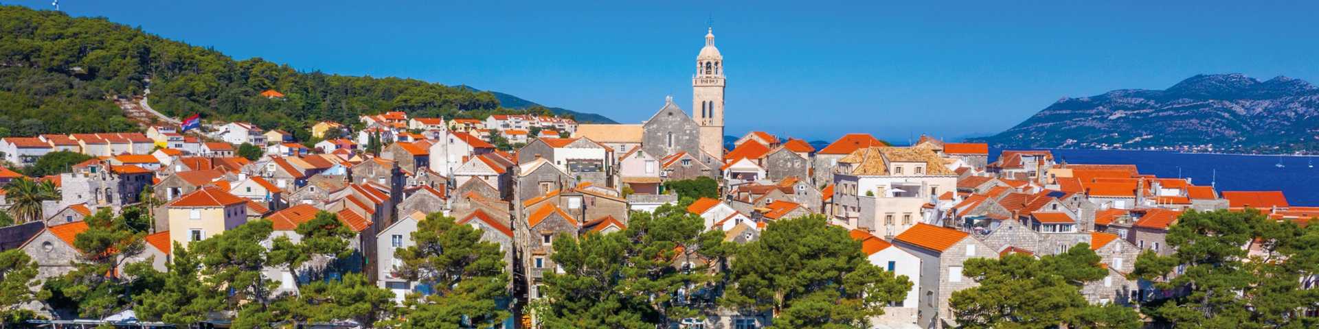 Cathedral of Saint Mark and rooftops of Korcula, Croatia