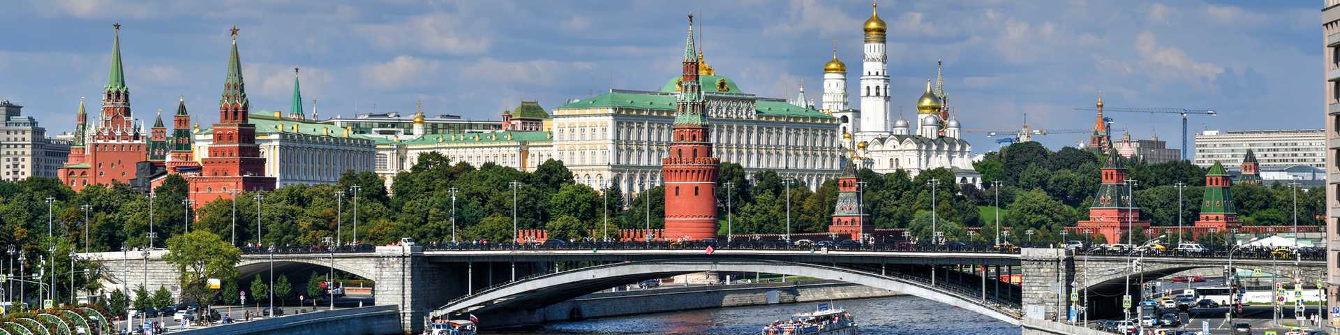 View of the Russian Kremlin along the Moscow River in Moscow, Russia.