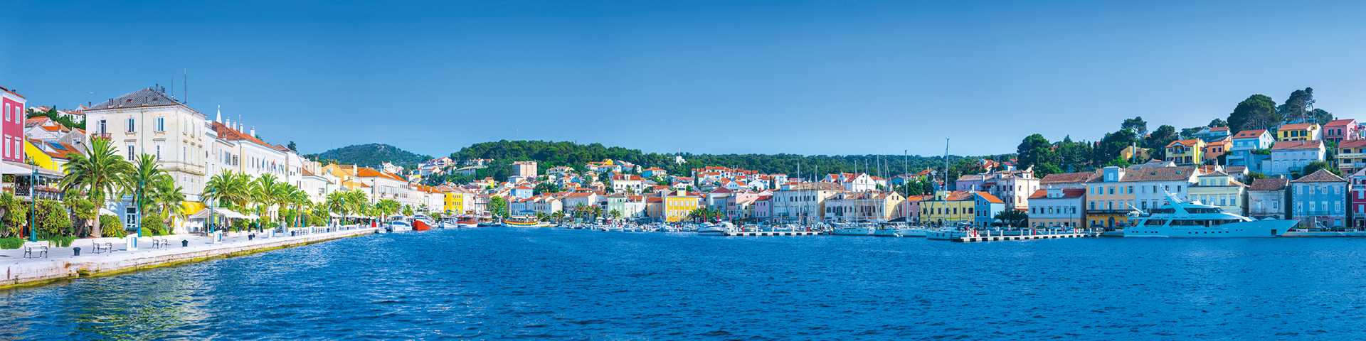 Panorama of coastal town harbour of Mali Losinj Croatia, Adriatic sea