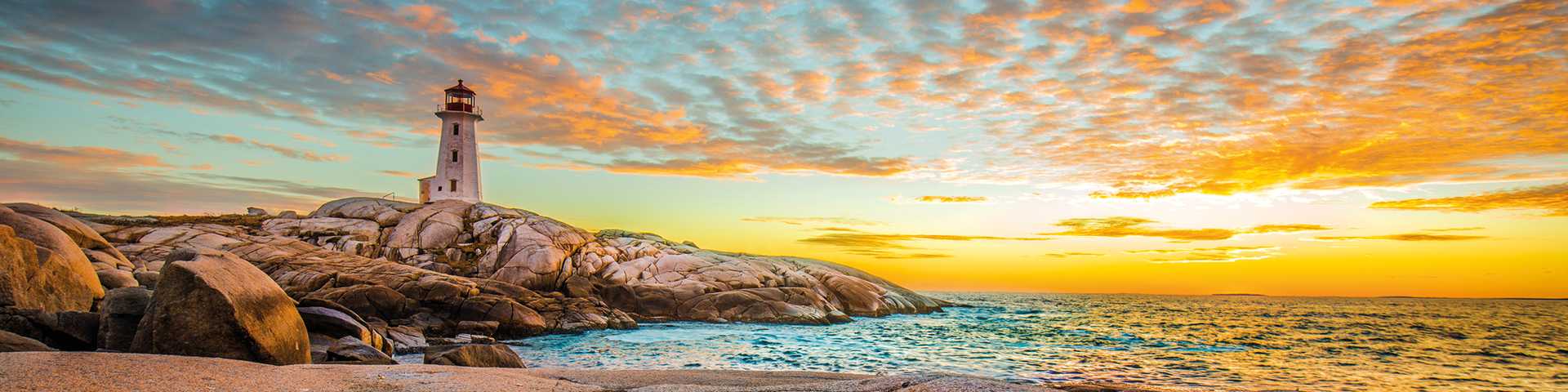 Peggy's cove lighthouse sunset ocean view landscape in Halifax, Nova Scotia