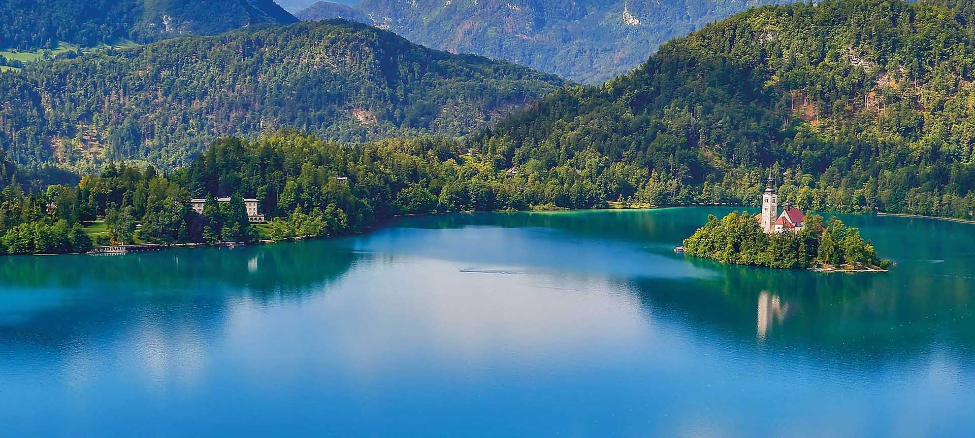Aerial view over Lake Bled, Slovenia