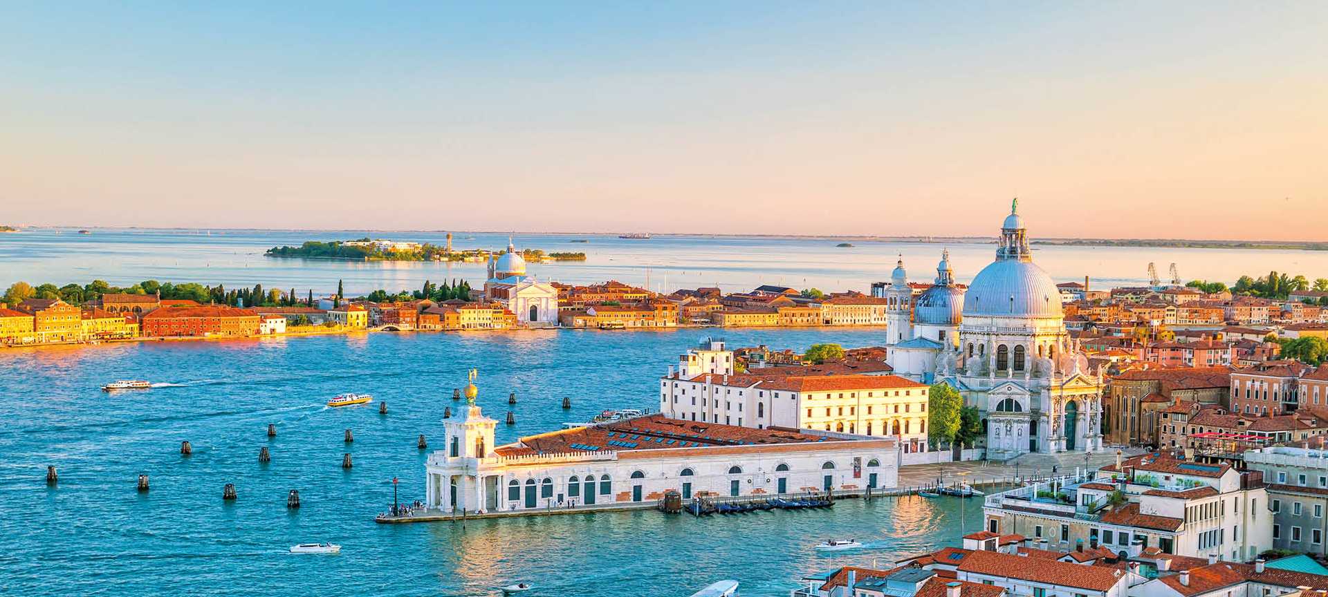Top view of old town Venice at sunset in Italy