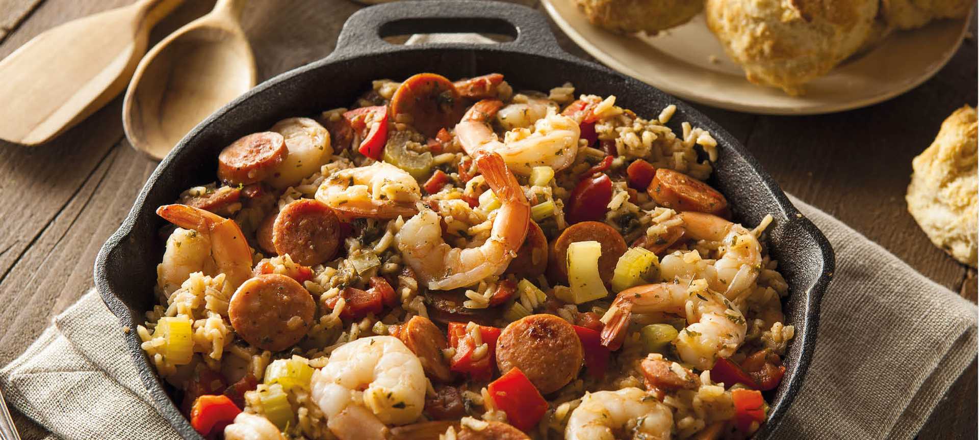 Jambalaya - a traditional Cajun dish from the Deep South - is served in a cast-iron dish 