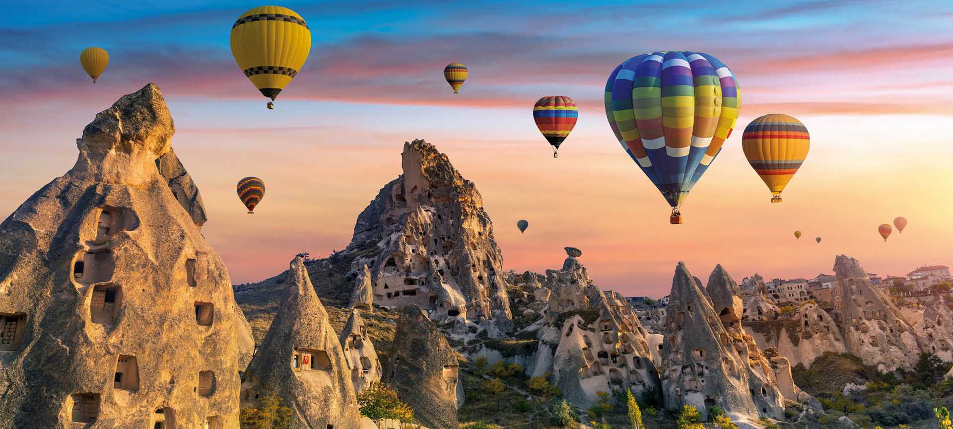 Hot air balloon flying over Cappadocia, Turkey
