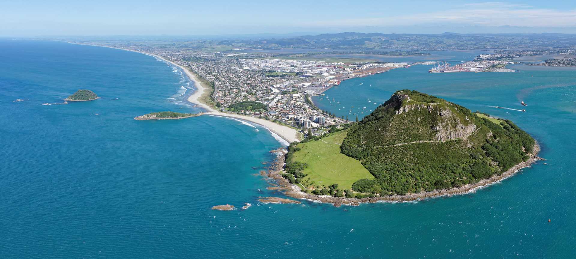 Panoramic aerial view of Mount Maunganui and Tauranga, North Island, New Zealand
