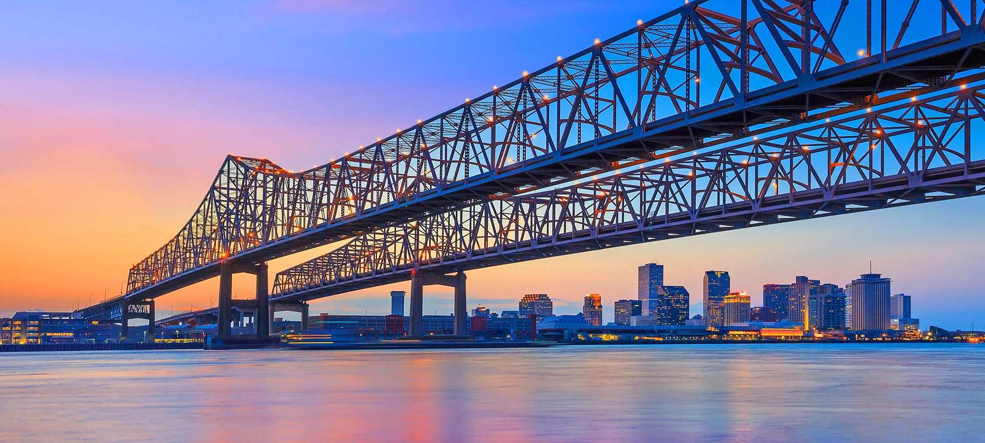 The Crescent City Connection Bridge crosses over the Mississippi River near New Orleans