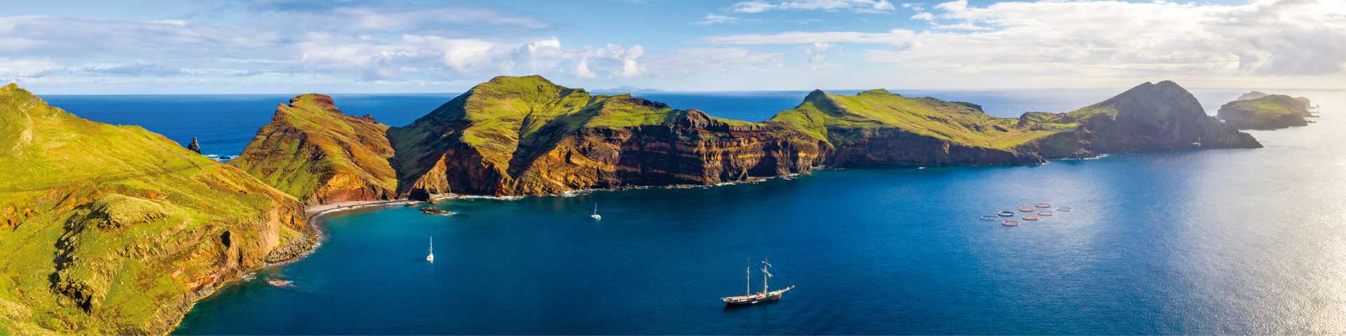Aerial view of the wild beach and cliffs at Ponta de Sao Lourenco, Madeira islands, Portugal