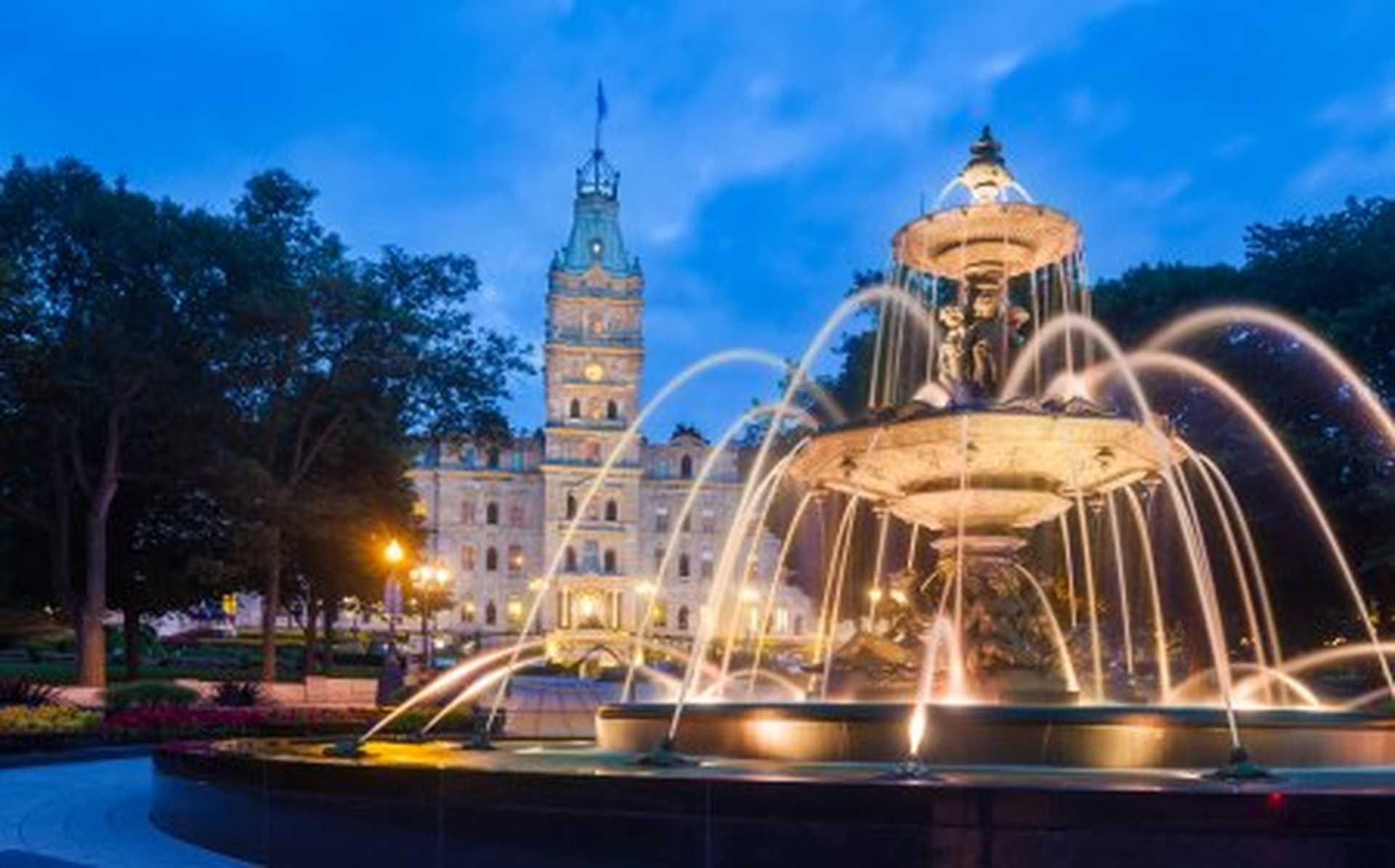 The Fontaine de Tourny stands in front of the Parliament Building in Quebec City's beautiful old town