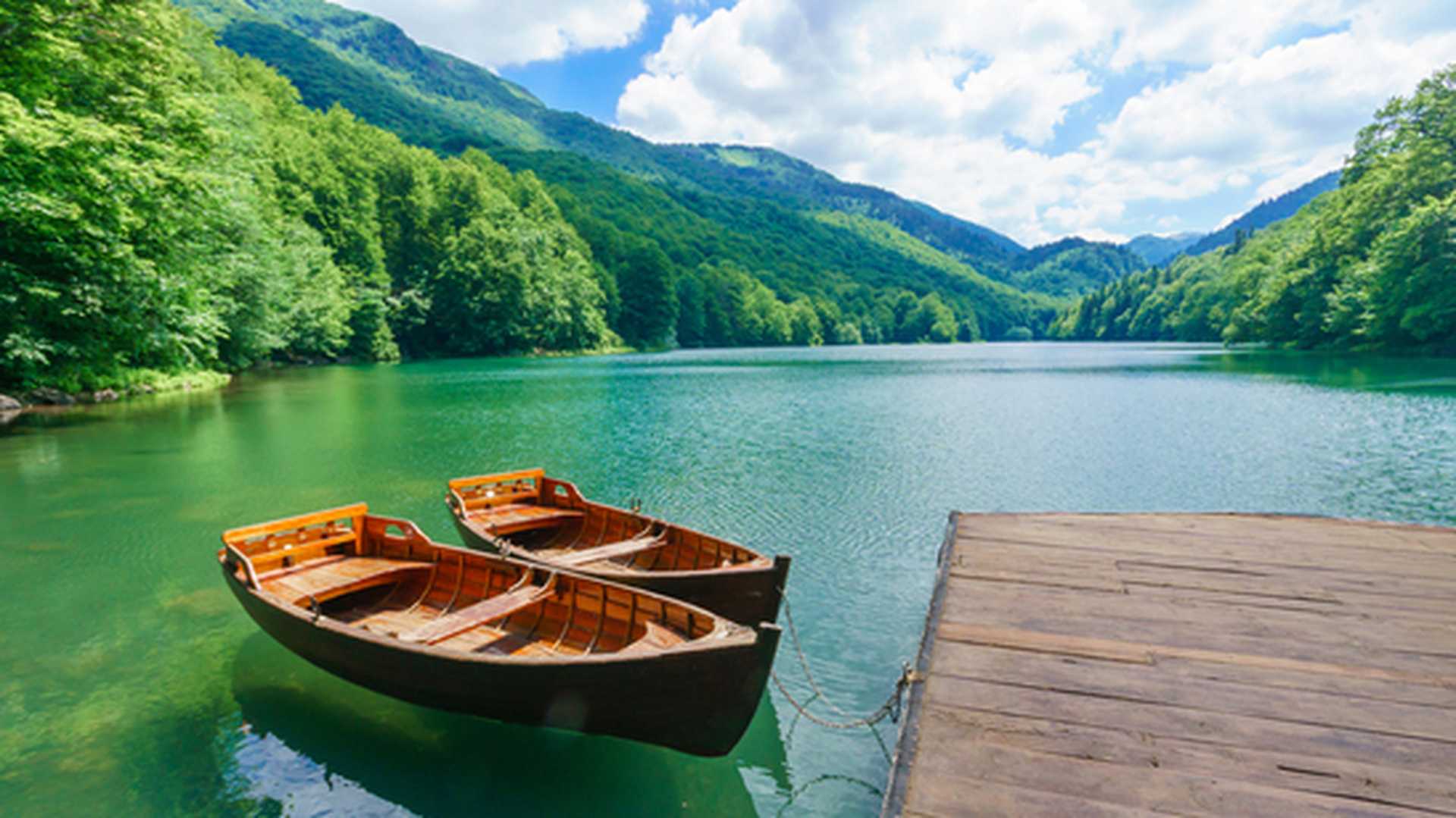 Pier and boats in Lake Biograd (Biogradsko jezero), Biogradska Gora national park, Montenegro