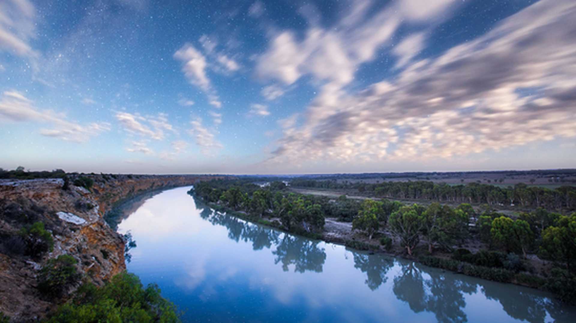 A night-time shot of the Murray River in South Australia, illuminated by moonlight
