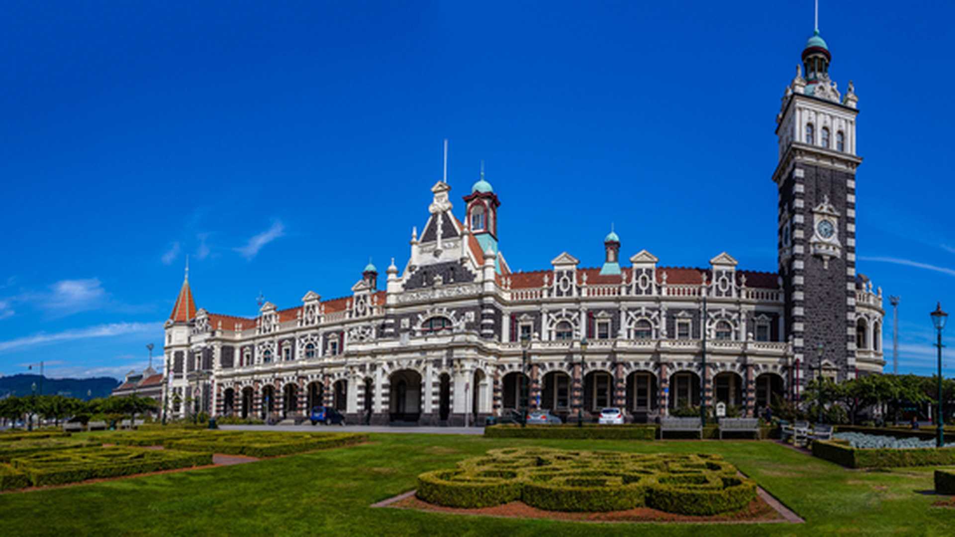 The impressive facade of Dunedin Railway Station on New Zealand's South Island