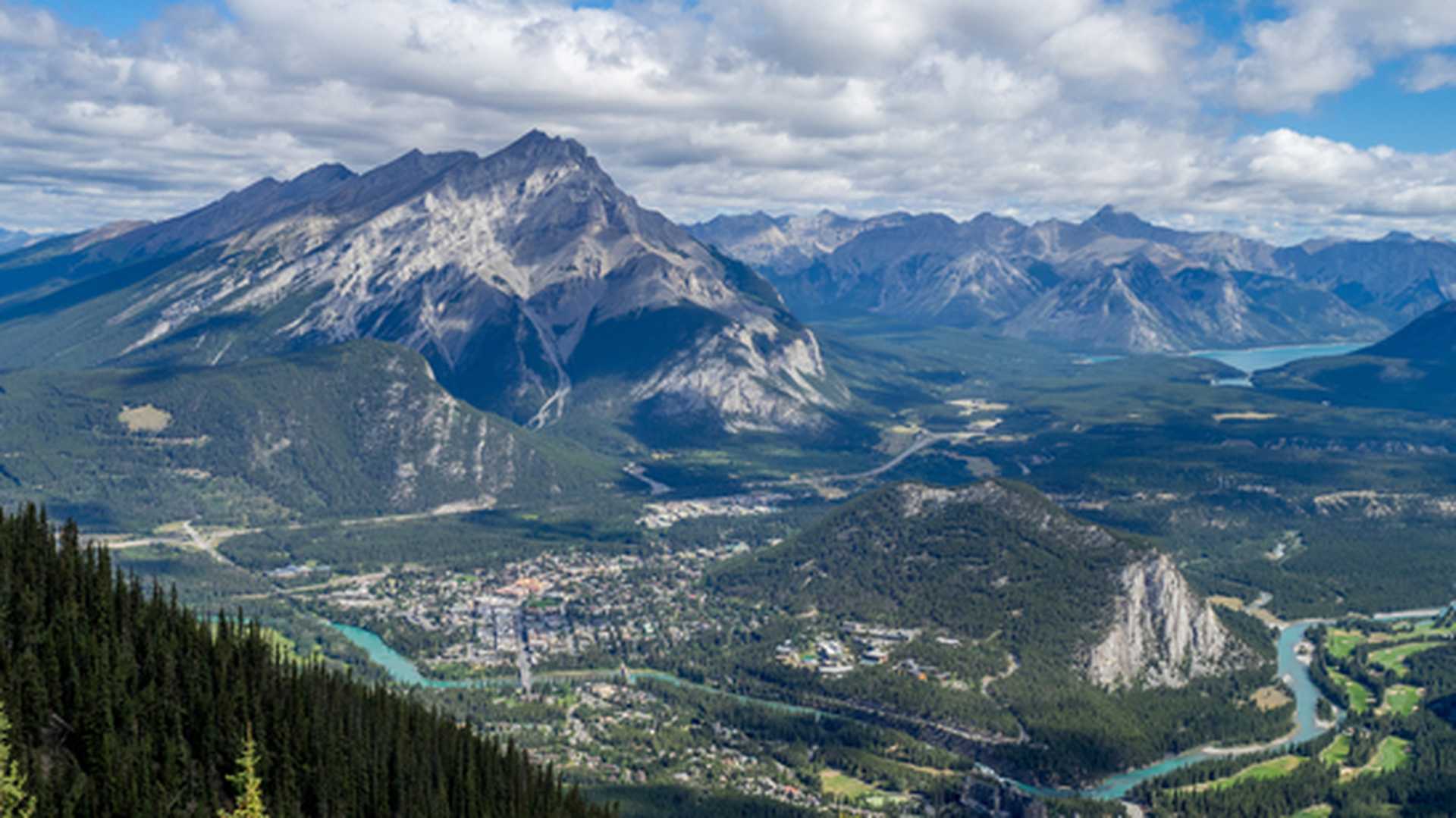 View from Sulphur Mountain in the Canadian Rockies, looking down across the town of Banff