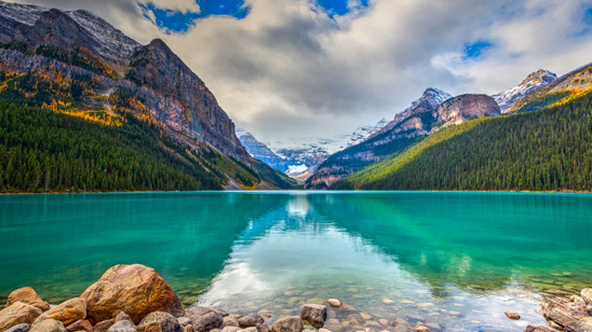 Beautiful autumn views of iconic Lake Louise in Banff National Park in the Rocky Mountains of Alberta Canada