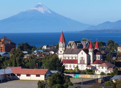 View of the city of Puerto Varas and llanyauihue Lake, Patagonia, Chile
