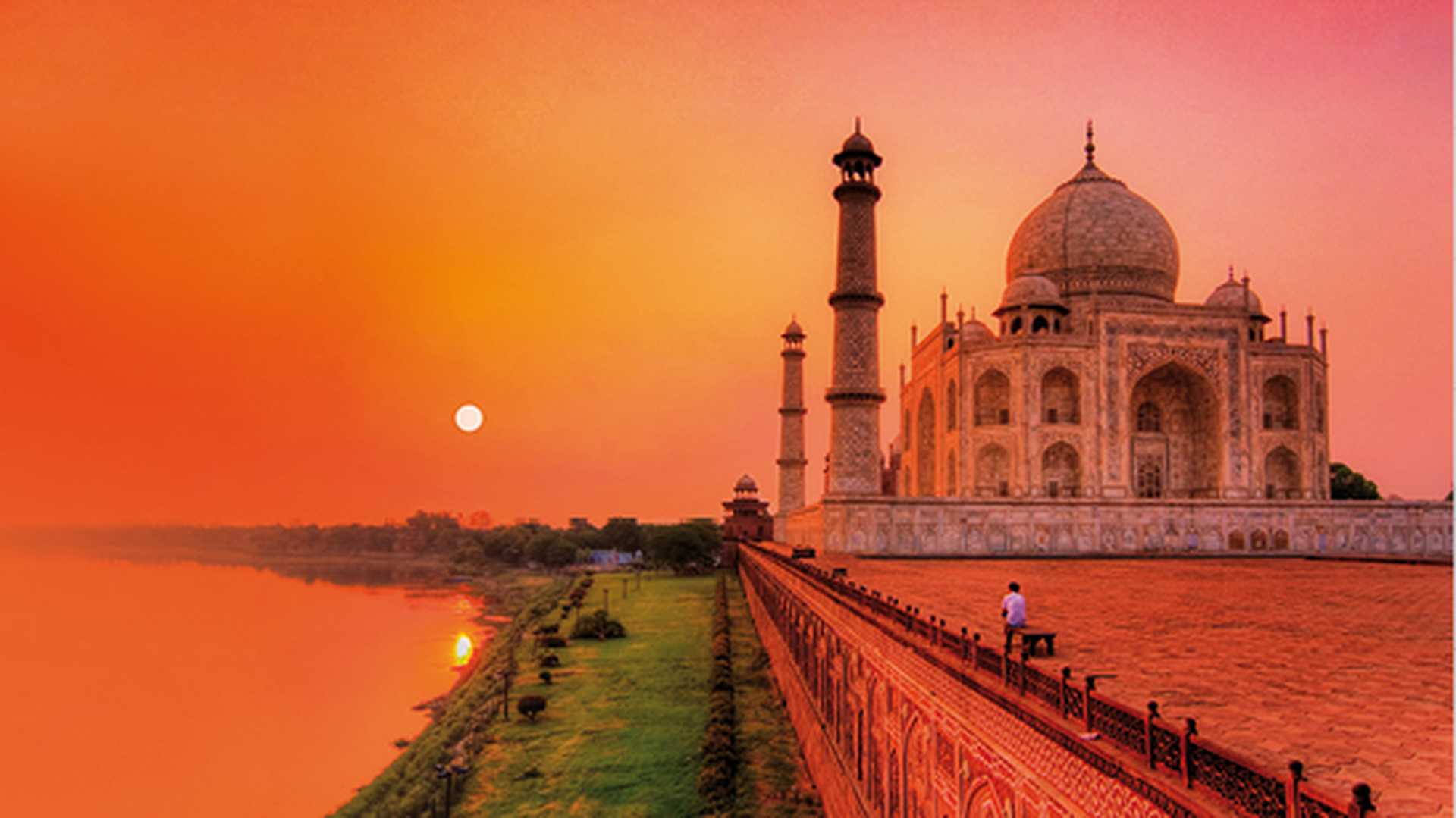 India Agra Taj Mahal Yamuna river at sunrise 
