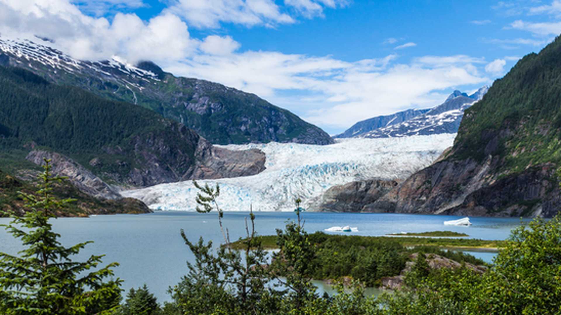 Juneau, Alaska. Mendenhall Glacier Viewpoint with reflection in the lake.