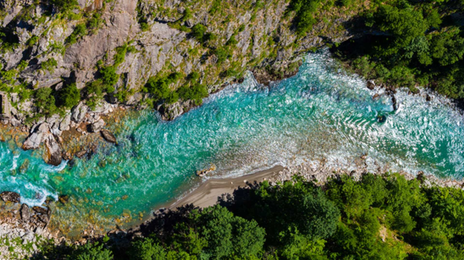 Scenic deep canyon with blue Tara river in Montenegro mountains