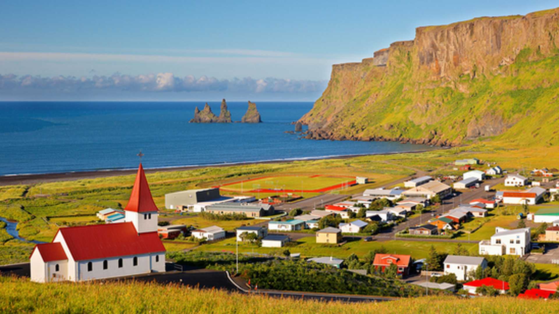 Aerial views across Vik, Iceland in summer