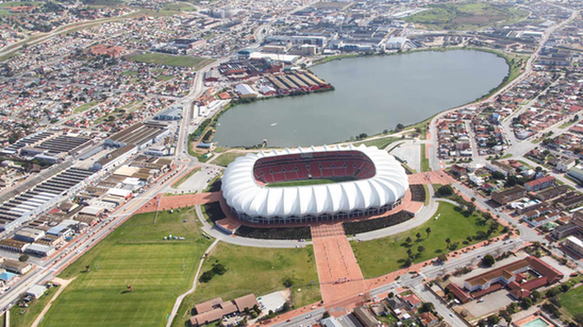 Aerial view of the soccer stadium and lake in Port Elizabeth, South Africa